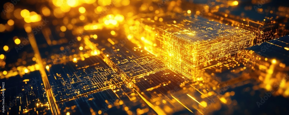 Poster A vibrant golden abstract background depicting digital data transformation and technology in a futuristic environment.