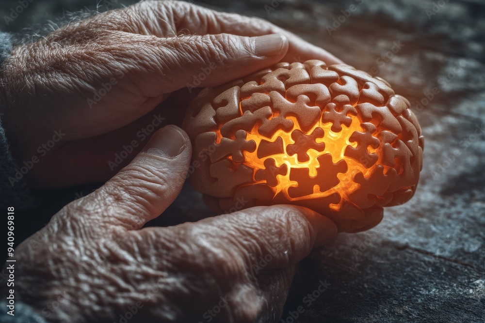 Poster elderly hands holding a small glowing brain symbolizing the preservation of memory wisdom and the fr