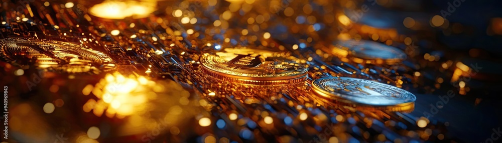 Poster a close-up view of shimmering gold and silver coins scattered on a dark surface, creating a luxuriou