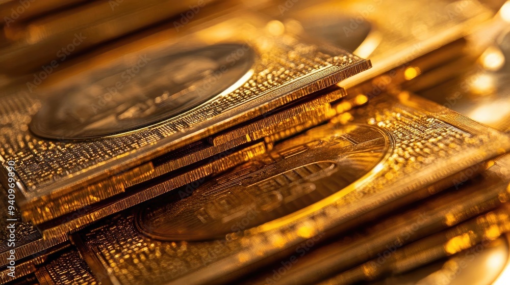 Aufkleber a close-up view of stacked golden coins, showcasing intricate designs and a shiny surface, perfect f