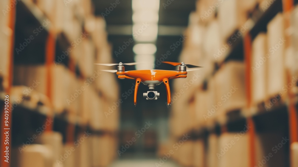 Poster a drone is actively flying between rows of boxes in a warehouse, assisting in inventory management a