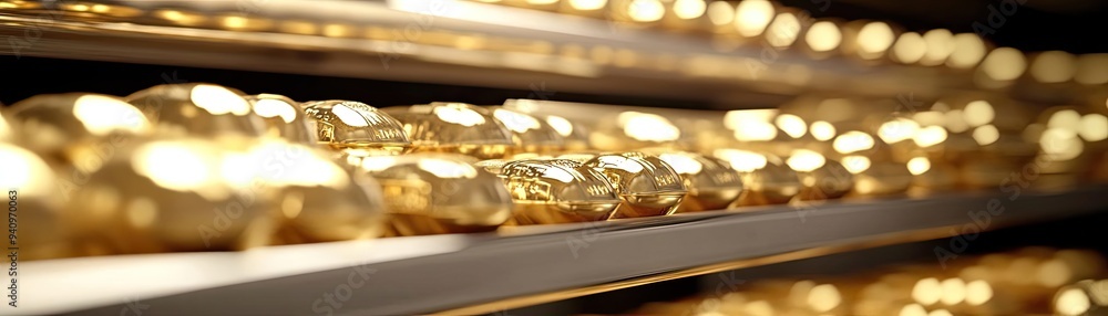 Poster Close-up of gleaming gold bars arranged in a secure vault, showcasing wealth and luxury in a stunning display.