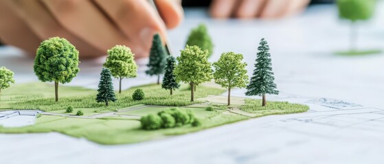 Architect creates a detailed miniature landscape model with trees, illustrating environmental planning and urban design.