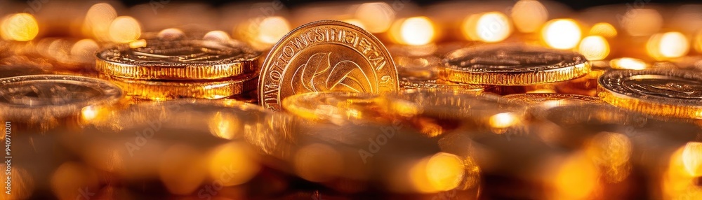 Poster a close-up view of shiny gold coins scattered across a surface, reflecting warm light with a luxurio