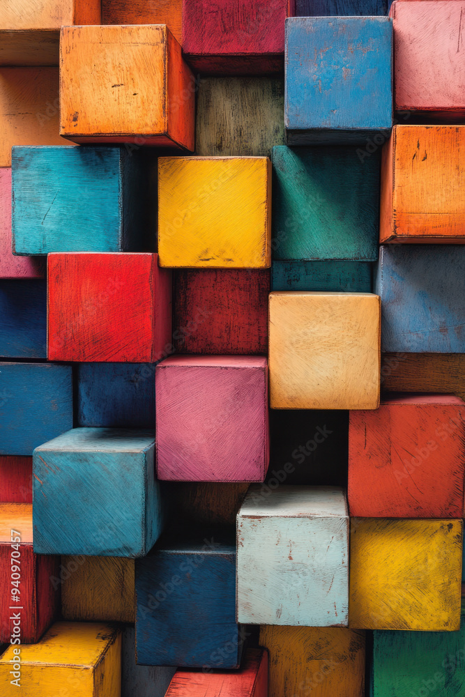 Aufkleber colored cube arrangement, a lively display of colorful cubes in different hues, forming a modern and