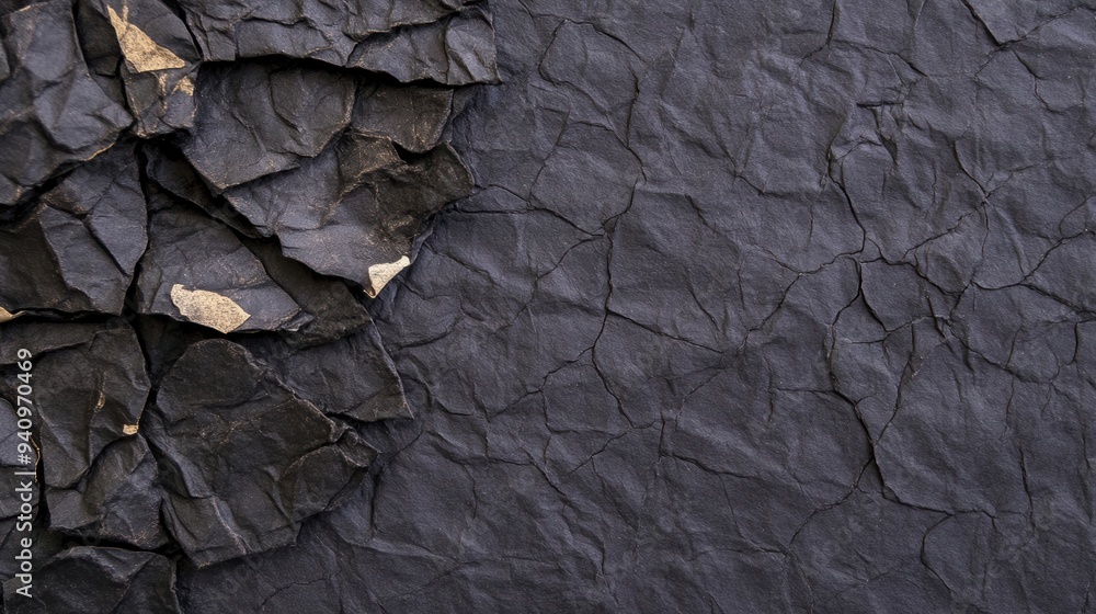 Poster detailed close-up of crumpled black paper showcasing textured folds and subtle variations in shade a