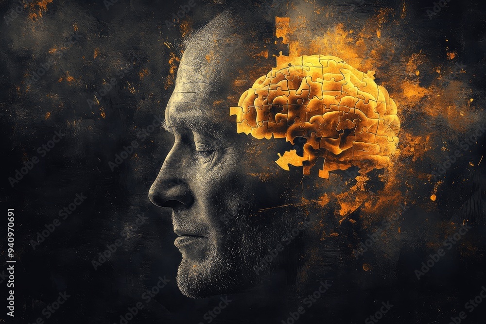 Aufkleber realistic portrait of an elderly man with a glowing brain representing the enduring strength wisdom 