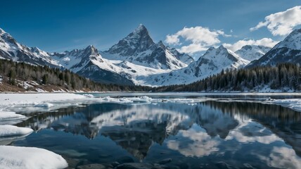 A breathtaking alpine landscape—snow-capped peaks reflect in the still waters, creating a serene harmony between earth and sky