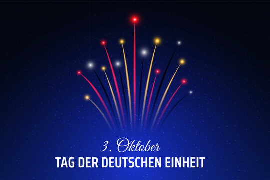October 3, german unity day, flag fireworks on night sky background. Germany national holiday. Greeting card. Fireworks, flag. Vector. Translation 3 October Day of German Unity