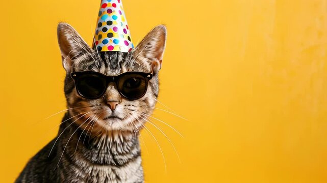 A cat in a birthday hat on a yellow background and a copy space