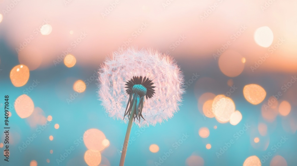 Poster a dandelion stands gracefully illuminated in soft blue light, creating a serene atmosphere at dusk w