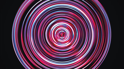Bright LED tunnel. Colorful effect of colored radial movement. Abstract rounded background. Colored curves and spheres. Multicolor gradient rings and circles. Lens. Vector illustration.