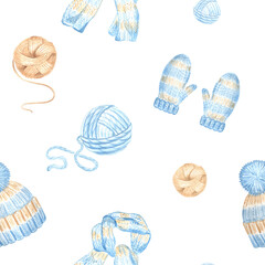 Cozy winter clothes and balls of wool. Knitted hat, scarf and mittens. Seamless pattern of kniting-hobby. Hand drawn watercolor illustration. Template for needlework store, textile, wrapping, website.