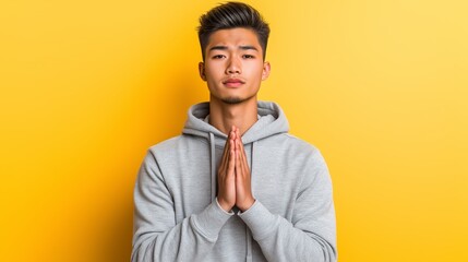 A young Asian man in a gray hoodie sits with clasped hands and eyes shut, expressing stress against a pale yellow background