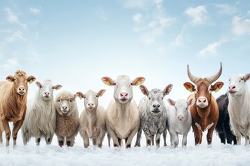 Fototapeta premium A wholesome and serene image depicting an array of farm animals such as cows, sheep, and goats standing close together in a snow-covered field, embodying camaraderie and rustic life.