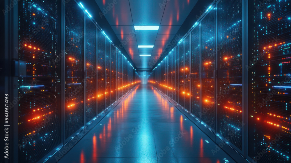 Poster futuristic data center, a modern data center featuring brightly lit paths and cables, highlighting c