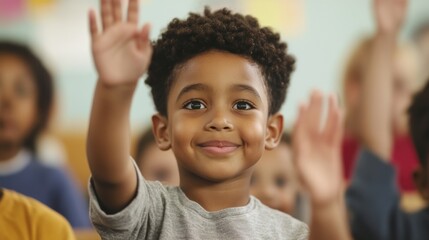 Students eagerly raise their hands, excited to participate in a lively classroom discussion led by their teacher