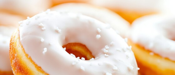  A tight shot of a donut, adorned with icing and sprinkles atop
