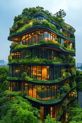 Naklejka premium Eco-Friendly Building, A modern building featuring green roofs and abundant plants, highlighting sustainable design and environmental responsibility in architecture