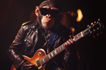 Obraz premium Rockstar Monkey: A monkey in a leather jacket, ripped jeans, and sunglasses, holding an electric guitar on a stage