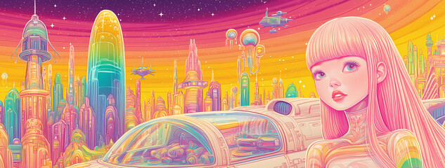 A vibrant and colorful wallpaper featuring a futuristic girl amidst bright soft colors, spaceships, and future architecture, perfect for a lively and dynamic future-themed background.