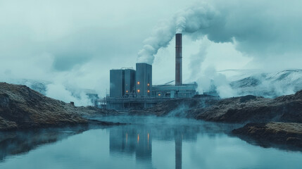 Fototapeta premium Geothermal Power Plant, A modern geothermal power plant set against a stunning volcanic landscape, complete with steam rising into the air