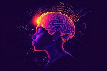 Fototapeta premium Vibrant neon digital art of a human head with swirling energy symbolizing the dynamic flow of ideas creativity and the limitless potential of the mind in a futuristic abstract world