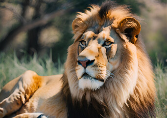 Resting Royalty - The lion relaxes in the grass, embodying a calm yet commanding presence