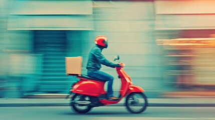 A delivery rider speeds along city streets on a red motorbike, carrying a package in a vibrant urban setting during late afternoon