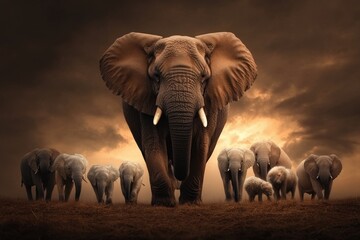 Obraz premium A majestic herd of elephants walking together on savanna terrain, illuminated by a breathtaking sunset, showcasing the unity and grandeur of these magnificent creatures.