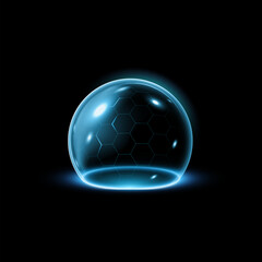 Glowing blue glass sphere shield with hexagonal pattern, vector dome barrier cyberspace technology, force field defense