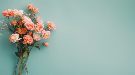 Fototapeta premium A bouquet of soft pink roses is beautifully arranged against a calming blue backdrop, highlighting their delicate petals