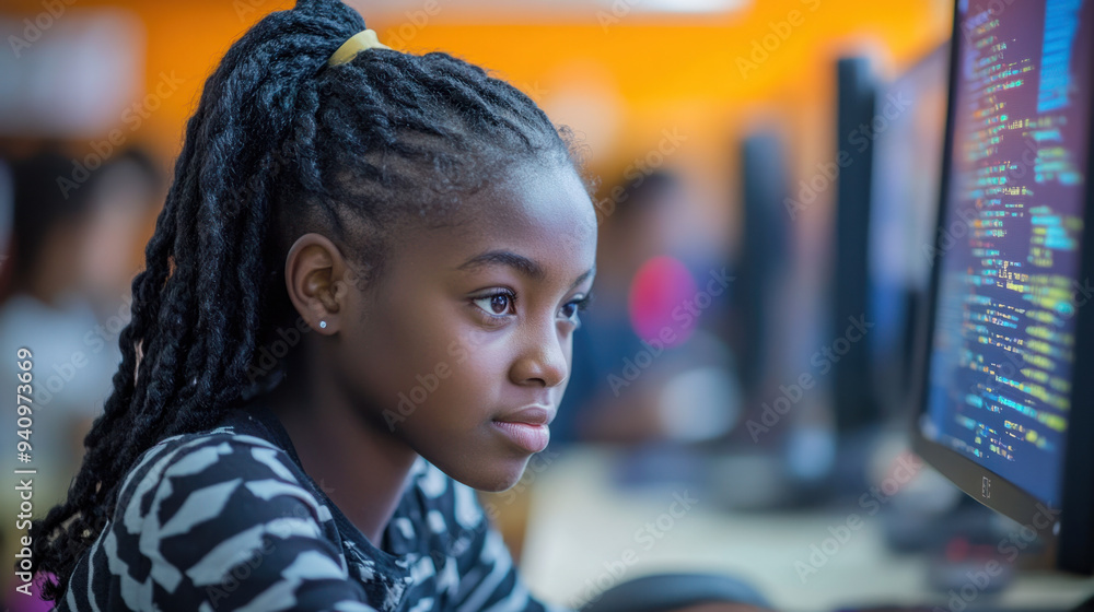 Aufkleber african student studying, a side view of an african student engaging with computer coding and cybers
