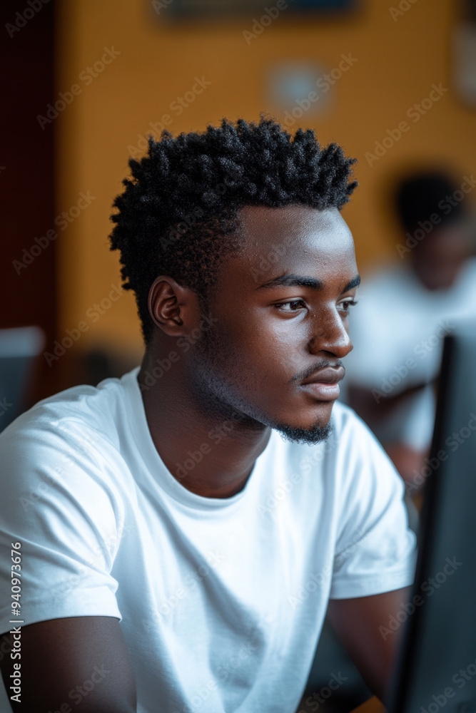Poster african student studying, a side view of an african student engaging with computer coding and cybers