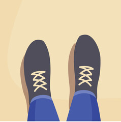 Illustration of a man wearing blue jeans and shoes standing on sand, top view