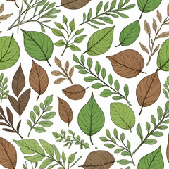 Botanical T-shirt Design with Detailed Sketch-style Illustrations of Various Leaves and Branches in Green and Brown Tones, Offering a Nature-inspired, Organic Look for Eco-conscious Fashion Enthusiast