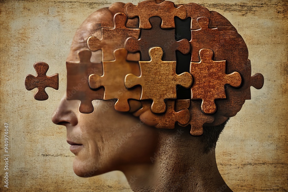 Poster vintage style human head with a puzzle overlay exploring the themes of mental health cognitive funct