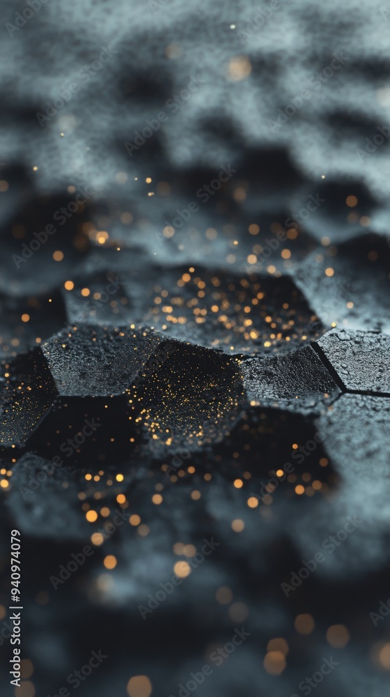 Poster an intricate hexagonal texture in dark tones showcases scattered gold highlights, creating a modern 