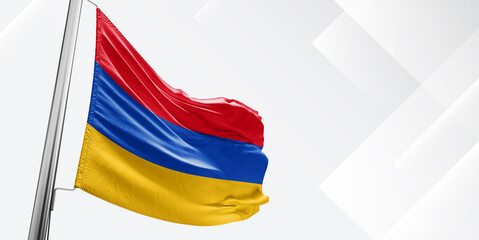 Armenia national flag cloth fabric waving on beautiful white square Background.