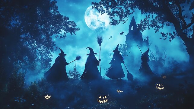 Enchanted Gathering in Witch and Wizard Costumes with Broomsticks in Magical Halloween Setting