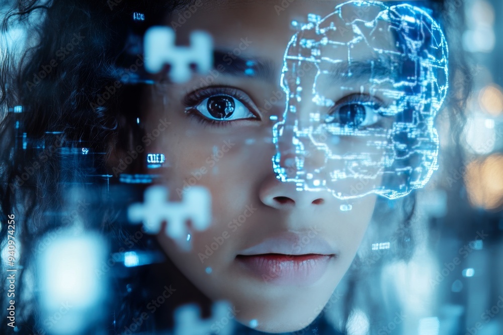 Poster digital portrait of young girl with facial overlays representing integration of technology with huma