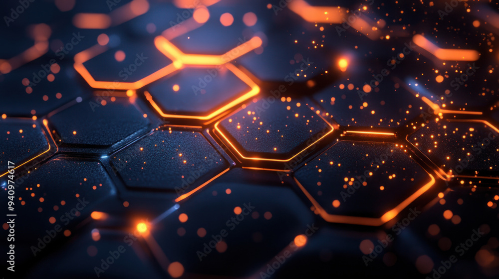 Poster futuristic hexagonal design, a striking futuristic pattern featuring glowing hexagons against a dark