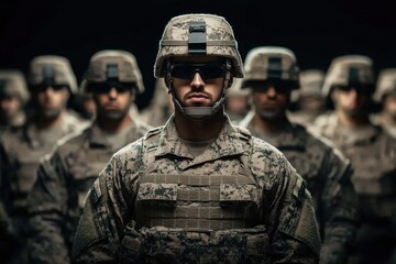 A disciplined military soldier in uniform, standing at attention in a formation with fellow soldiers, showcasing strength, unity, and dedication, symbolizing protection and service.