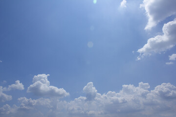A blue sky with puffy clouds.