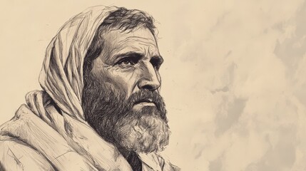 Fototapeta premium Eliphaz’s Firm Counsel to Job in the Bible - Illustration of Eliphaz Speaking Calmly, Encouraging Job to Reflect on His Actions, Beige Background