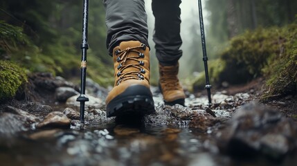 Obraz premium Close-up of a feet in hiking shoes walking with poles on a forest path.