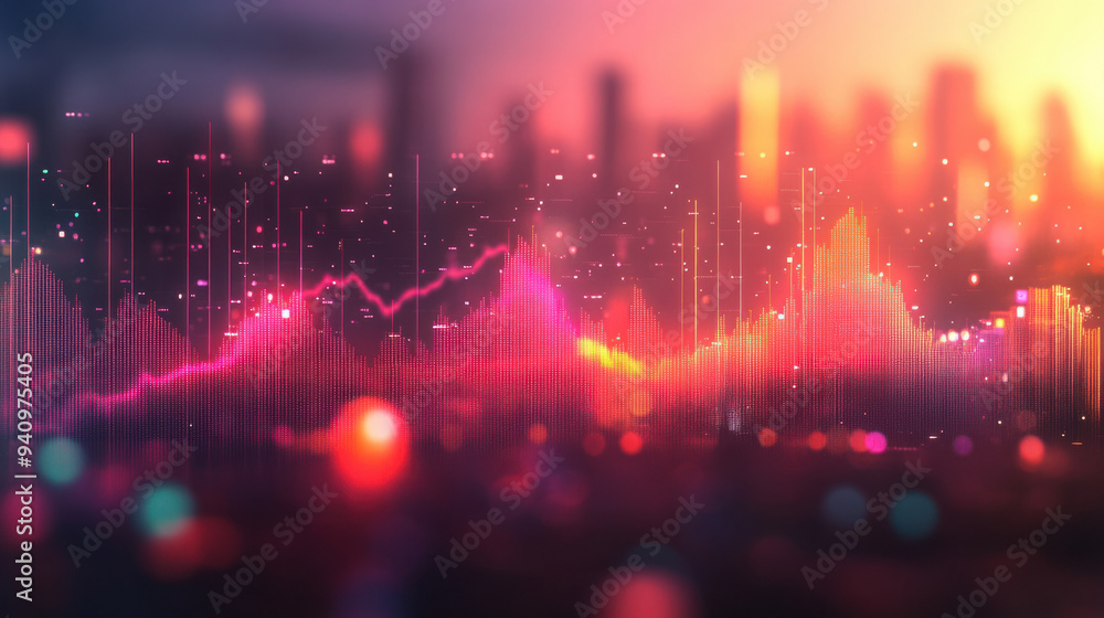 Poster Colorful Data Visualization,  A vibrant data chart with noticeable peaks displays trends, set against a softly blurred bokeh background for visual appeal