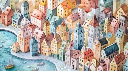 Obraz premium Quaint Canal Cityscape Watercolor Illustration