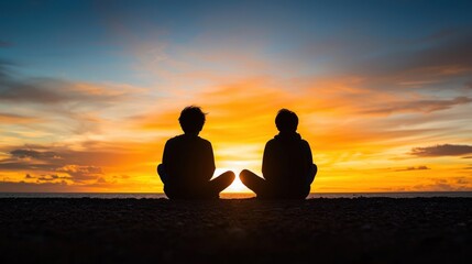 Silhouette of two people sitting back to back on a beach