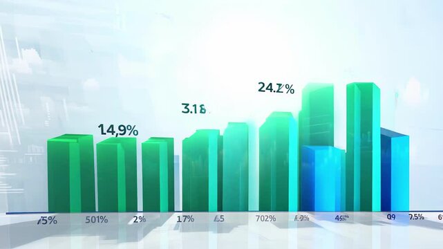 Green and Blue Bar Chart Showing Statistical Analysis and Growth Trends in Various Percentages. Concept of Data Visualization, Business Analytics, and Financial Performance Metrics.